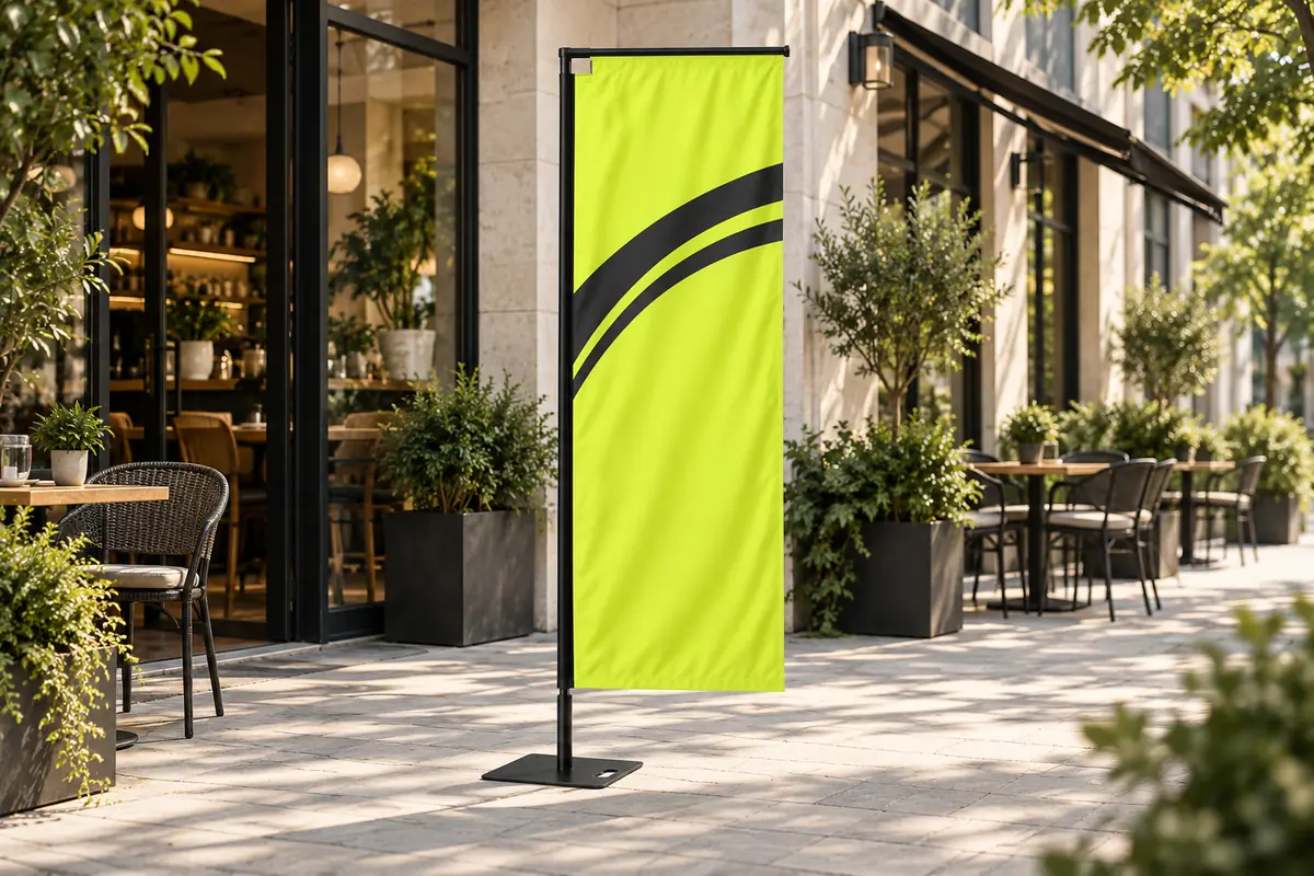 Limettengrüne rechteckige Beachflag auf schwarzem Standfuß vor einem Café