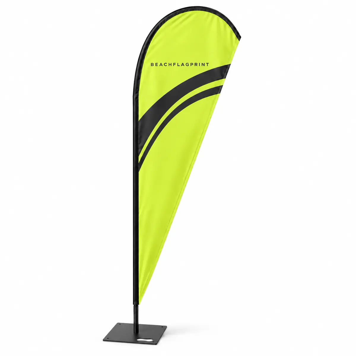 Illustrative Y-DROP Beachflag mit Deluxe-Standfuß vor weißem Hintergrund